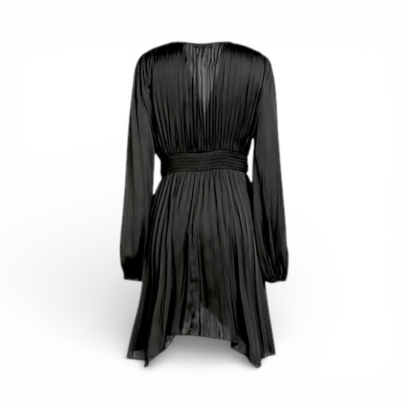 Maje Rivily Pleated Satin Mini Dress Black Twist Front FR 38 US 6 Long Sleeve - Picture 3 of 4
